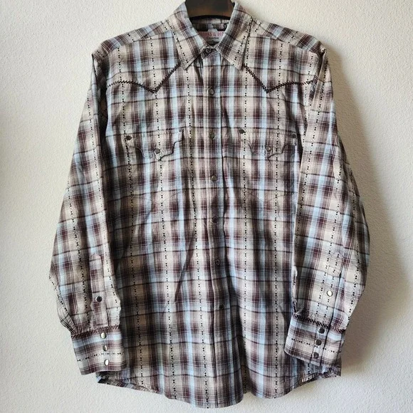 Panhandle Slim Brooks & Dunn Mens Medium Brown Blue Western Button Down Up Shirt - Picture 2 of 11